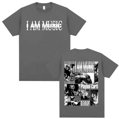 Gray cotton oversized t-shirt with i am music print and playboi carti black and white photo collage back hip hop 90s vintage tshirt
