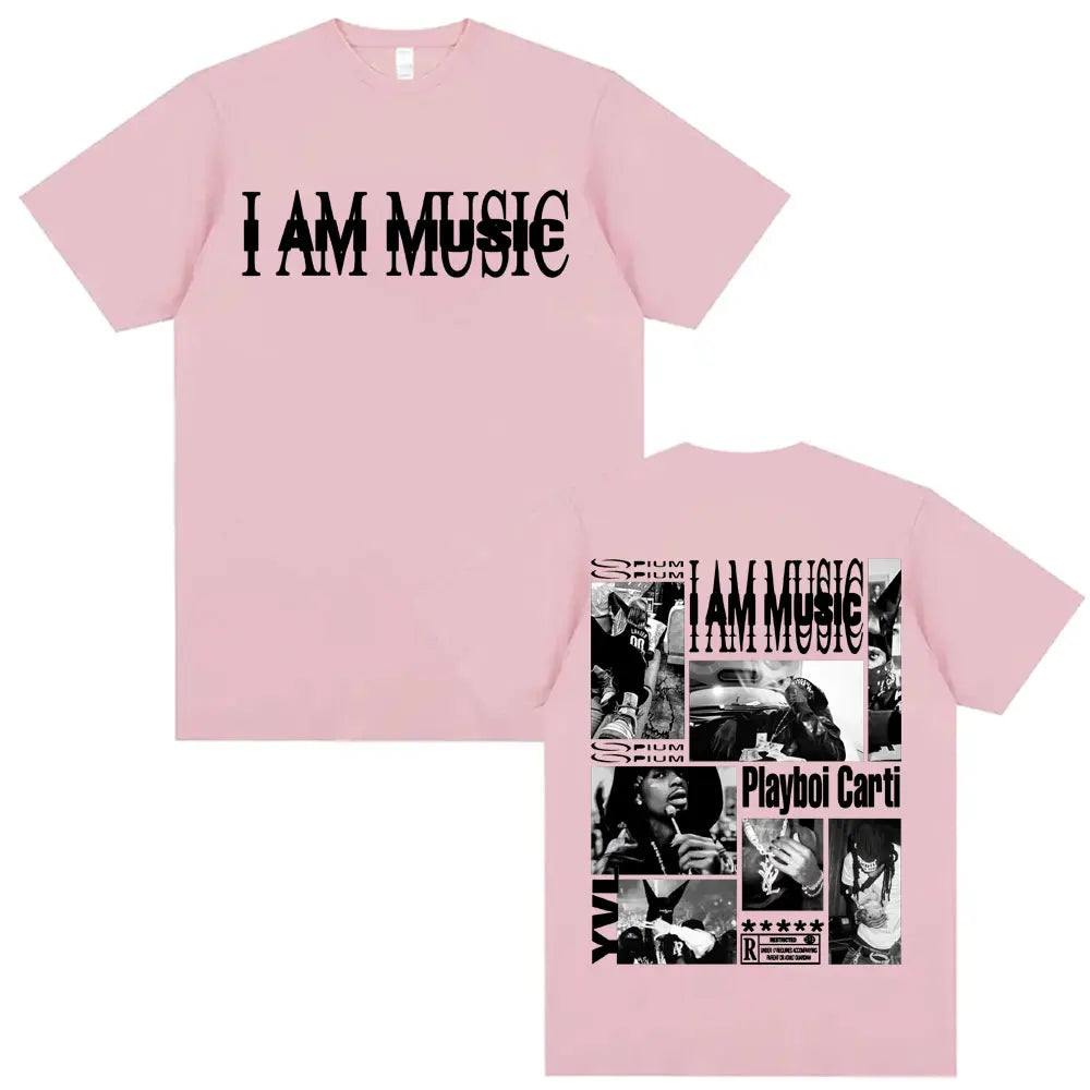 Pink oversized cotton t shirt with i am music print front and black and white photo collage back by rapper playboi carti hip hop 90s vintage tshirt