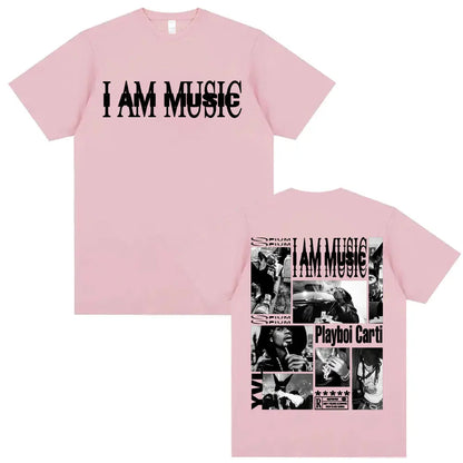 Pink oversized cotton t shirt with i am music print front and black and white photo collage back by rapper playboi carti hip hop 90s vintage tshirt