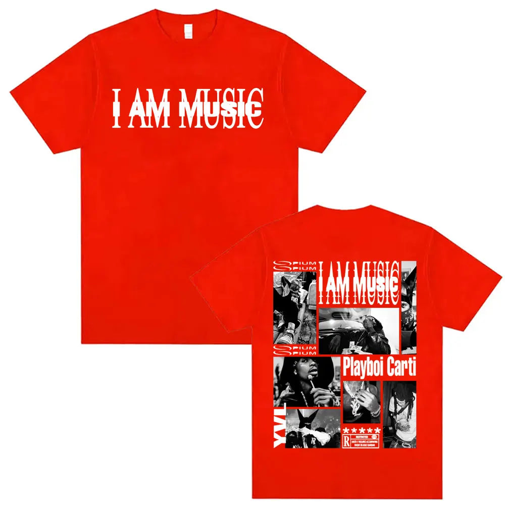 Red cotton oversized t-shirt featuring rapper playboi carti i am music print and black-and-white collage on the back vintage 90s hip hop tshirt