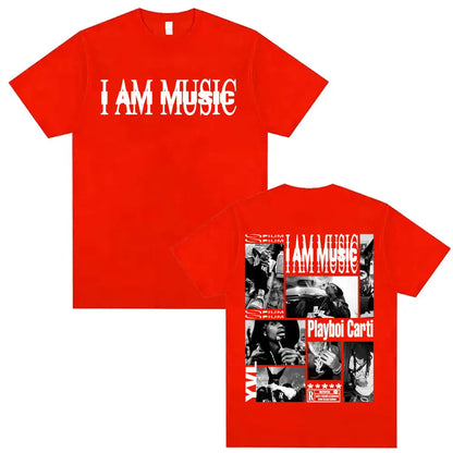 Red cotton oversized t-shirt featuring rapper playboi carti i am music print and black-and-white collage on the back vintage 90s hip hop tshirt