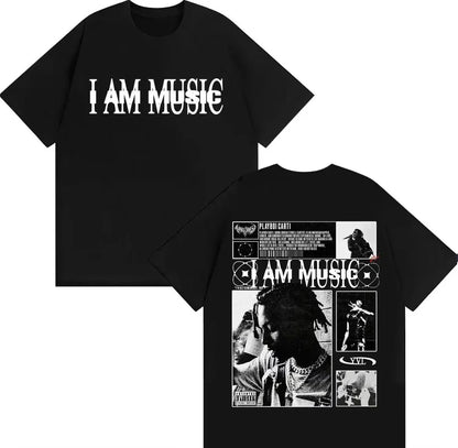 Black cotton rapper playboi carti t shirt with bold i am music graphic and detailed harajuku hip hop vintage back design