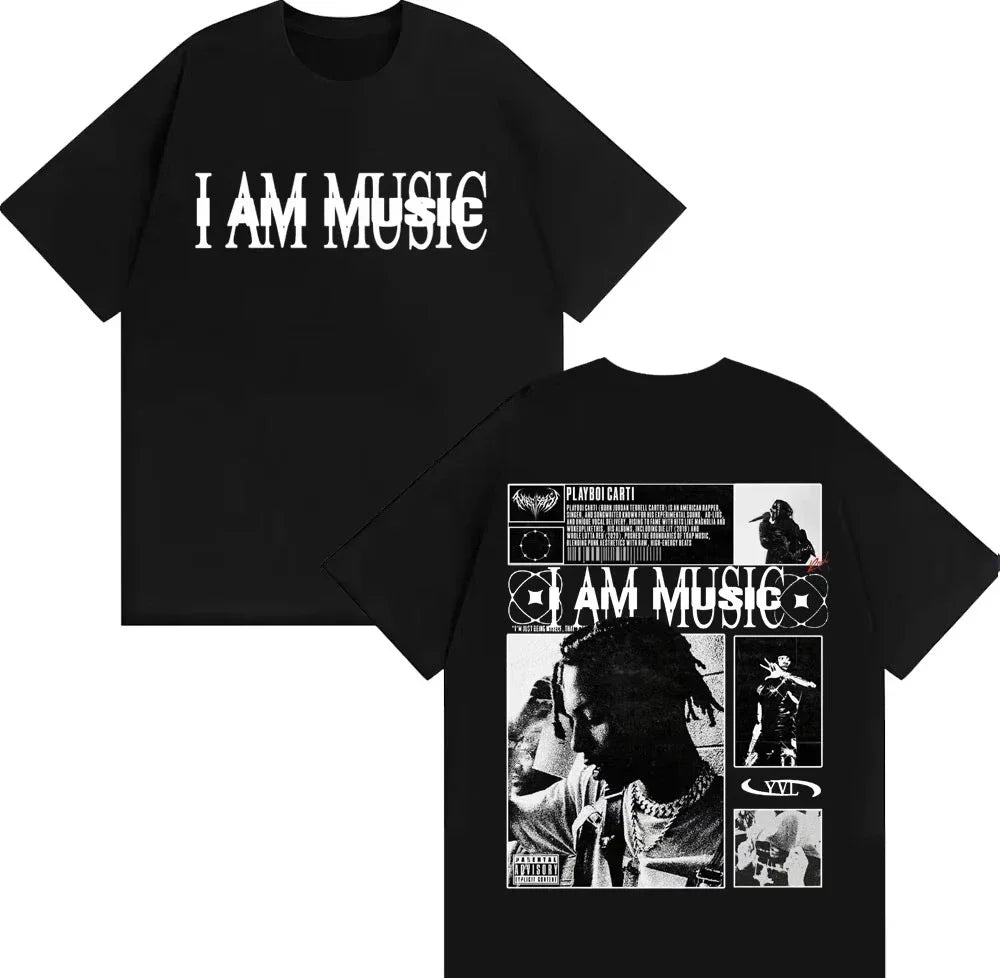 Black cotton rapper playboi carti t-shirt with bold i am music graphic front and hip hop vintage collage back