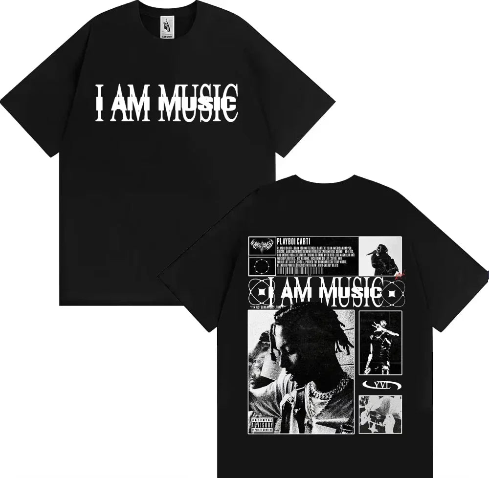 Black short-sleeved cotton t-shirt with bold white i am music graphic and playboi carti collage on back hip hop vintage