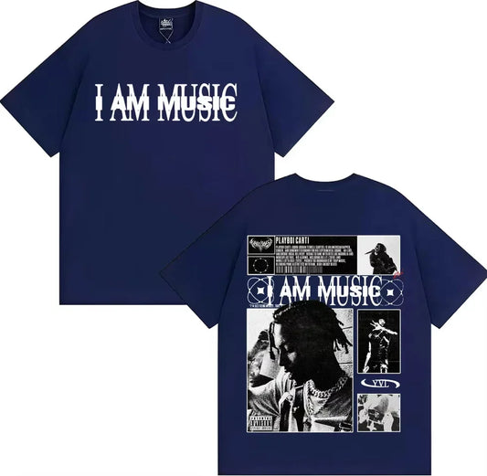 Navy blue cotton rapper Playboi Carti t-shirt with bold white i am music graphic and black-and-white hip hop vintage back design