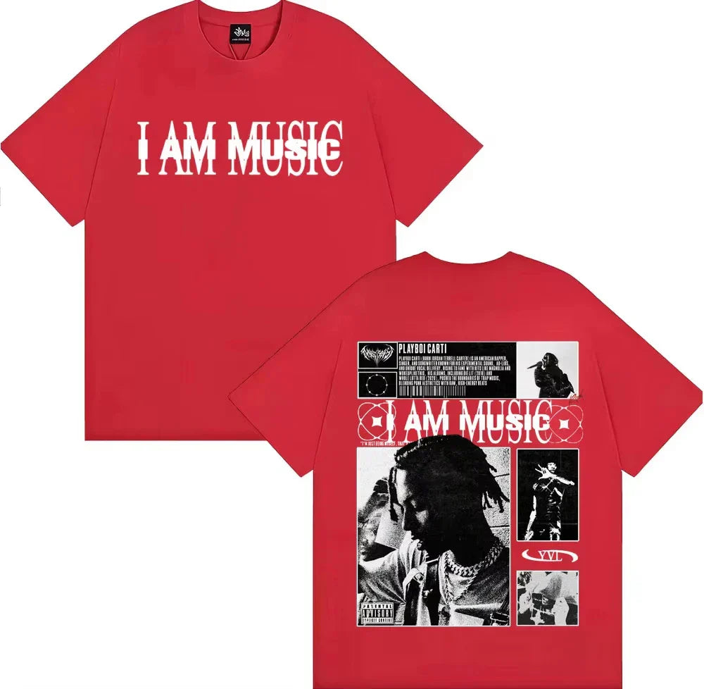 Red cotton short-sleeved t-shirt with bold i am music text and playboi carti graphic on back hip hop vintage style