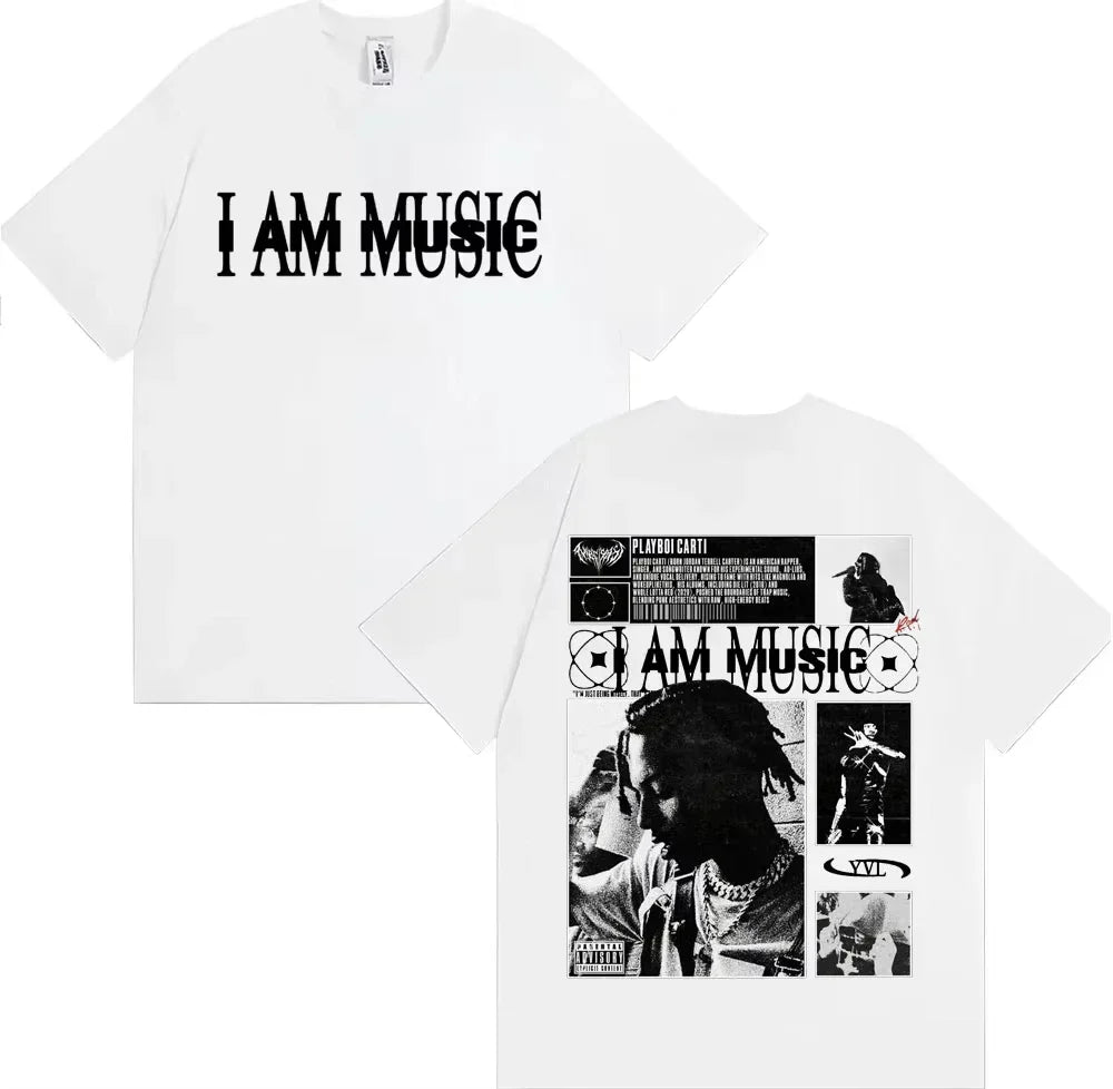 White cotton t-shirt featuring rapper playboi carti graphic with harajuku hip hop vintage collage design on front