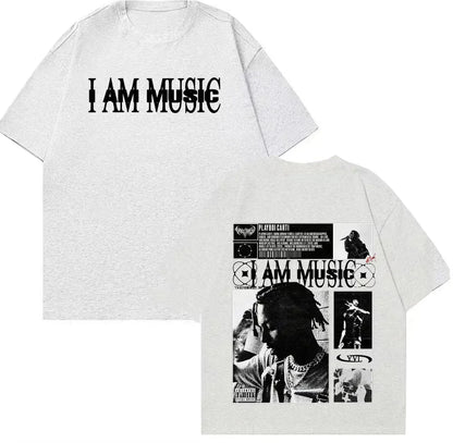 White cotton t-shirt featuring rapper playboi carti i am music graphic and hip hop vintage collage on back side