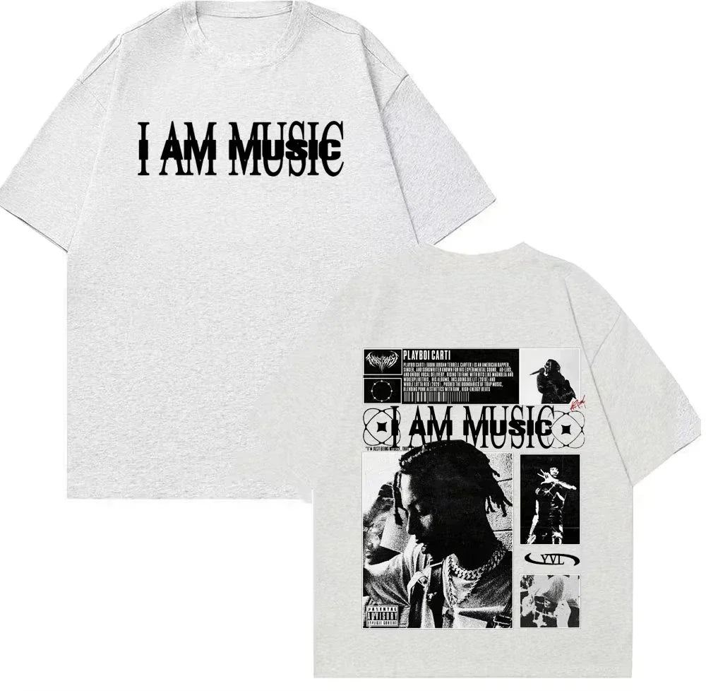White cotton rapper playboi carti t shirt with bold i am music graphic front and hip hop vintage collage back design