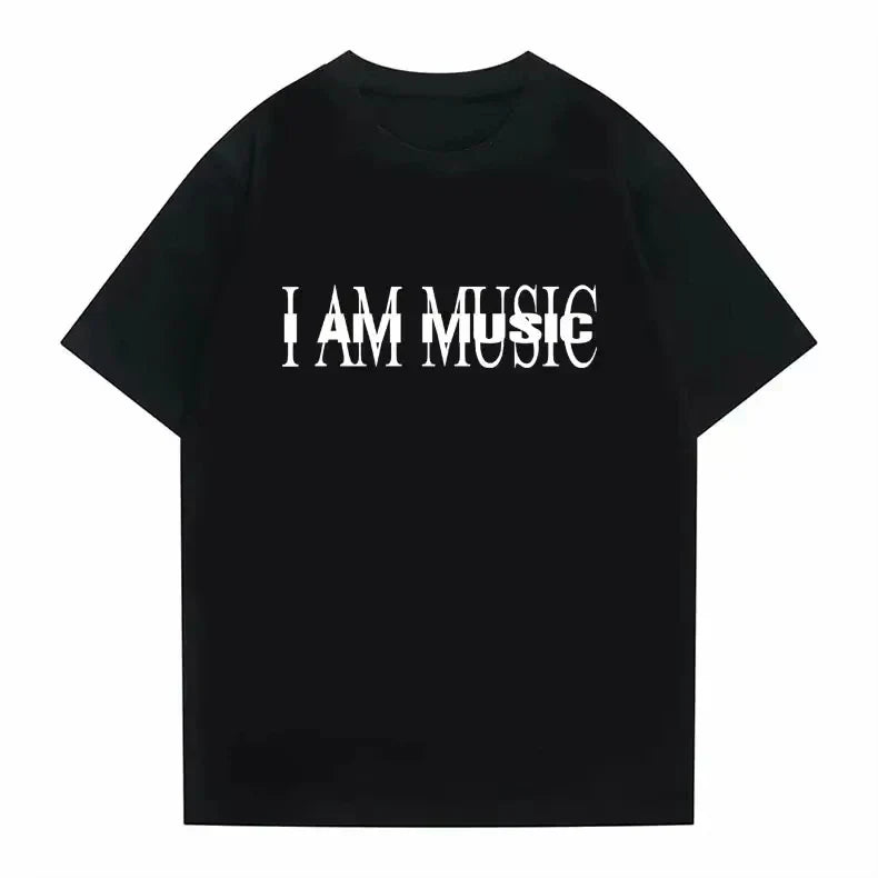 Black short-sleeved graphic print tshirt with i am music text for women hip hop inspired by rapper playboi carti