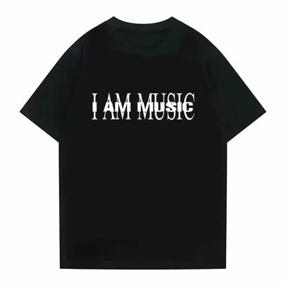 Black short-sleeved graphic print tshirt with i am music text for women hip hop inspired by rapper playboi carti