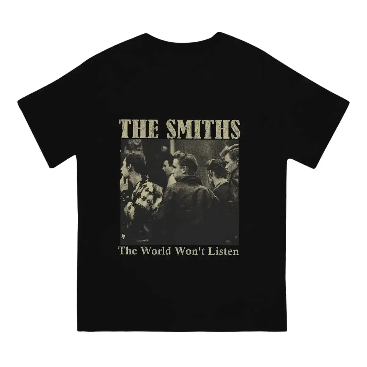 Black short-sleeved graphic print tshirt featuring the smiths band design for women hip hop casual wear