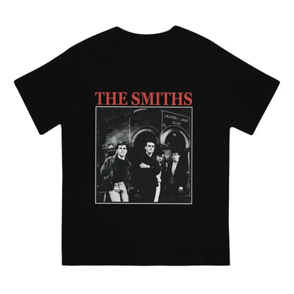 Black cotton graphic print tshirt featuring the smiths band photo with red text, casual women hip hop style