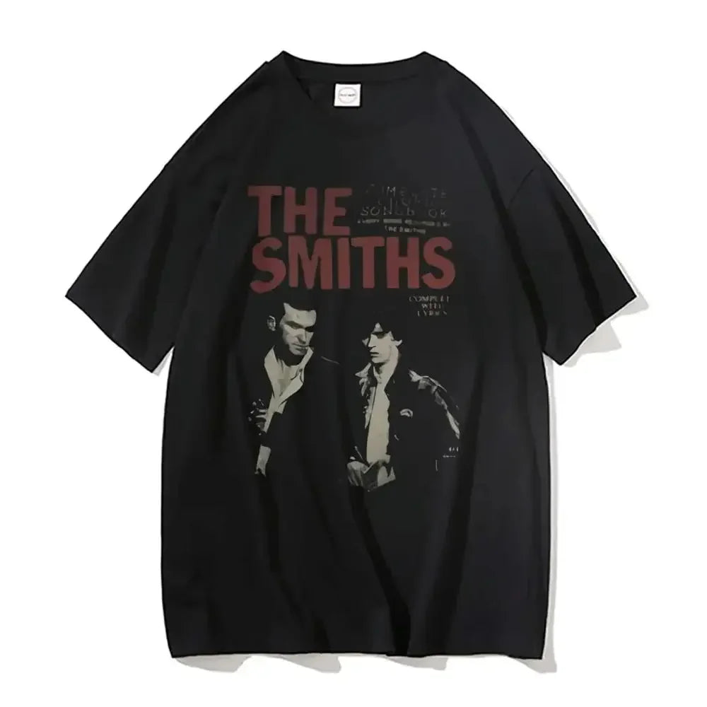 Black short-sleeved graphic print tshirt featuring smiths band members and bold red text for women hip hop fans