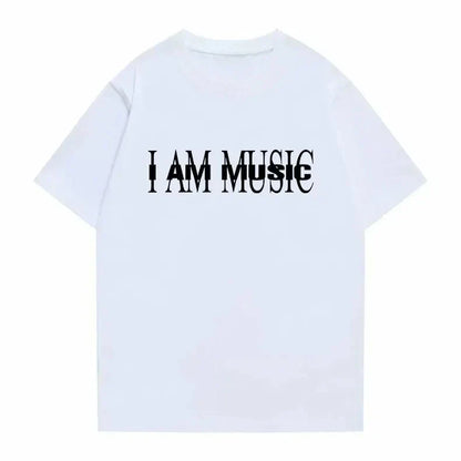 White short-sleeved t-shirt showing back with i am music print in bold black for rapper playboi carti hip hop oversized style