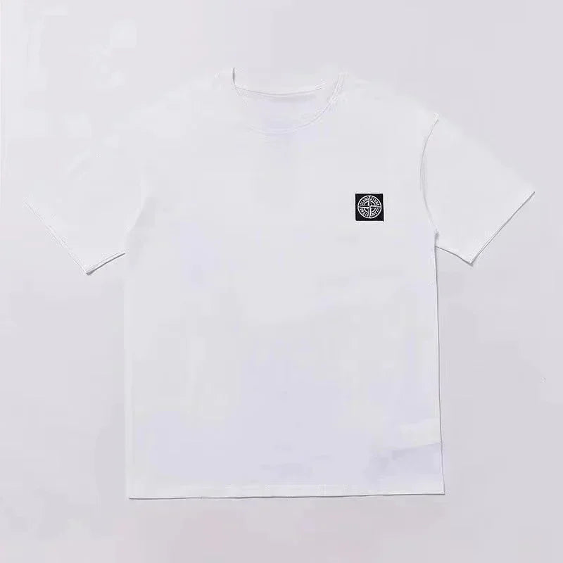 White short-sleeved rapper playboi carti graphic print tshirt with black logo patch for women hip hop casual wear