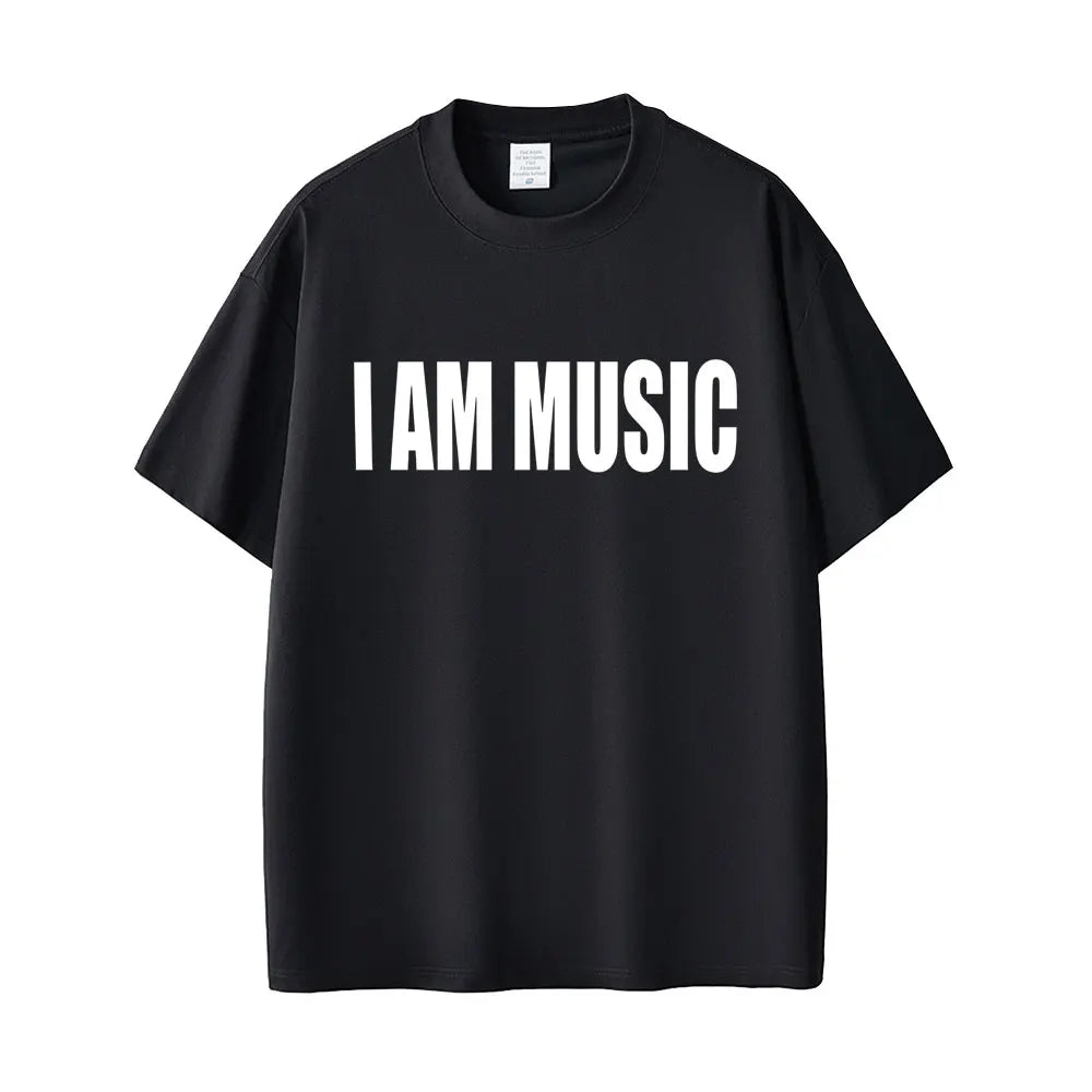 Black short-sleeved t-shirt with bold white i am music text for rapper playboi carti men fashion rap opium merch