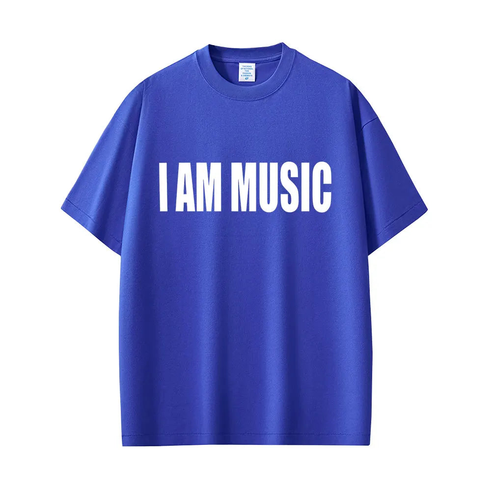 A vibrant royal blue short-sleeved rapper Playboi Carti I AM MUSIC t-shirt featuring bold white lettering for men fashion rap opium merch