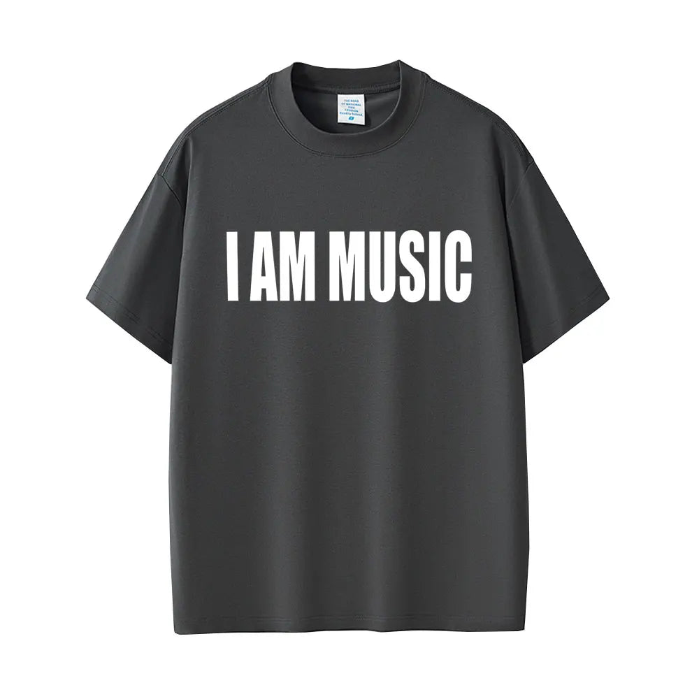 Black short-sleeved t-shirt with bold white i am music text featuring rapper playboi carti men fashion rap merch