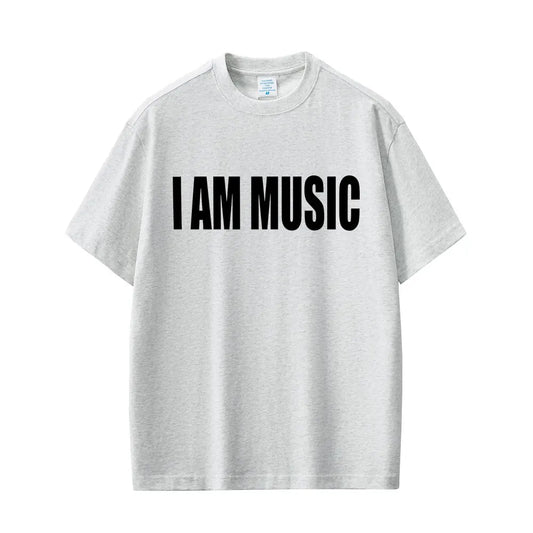 A light gray short-sleeved rapper playboi carti men fashion rap oversized t-shirt with bold black I am music text