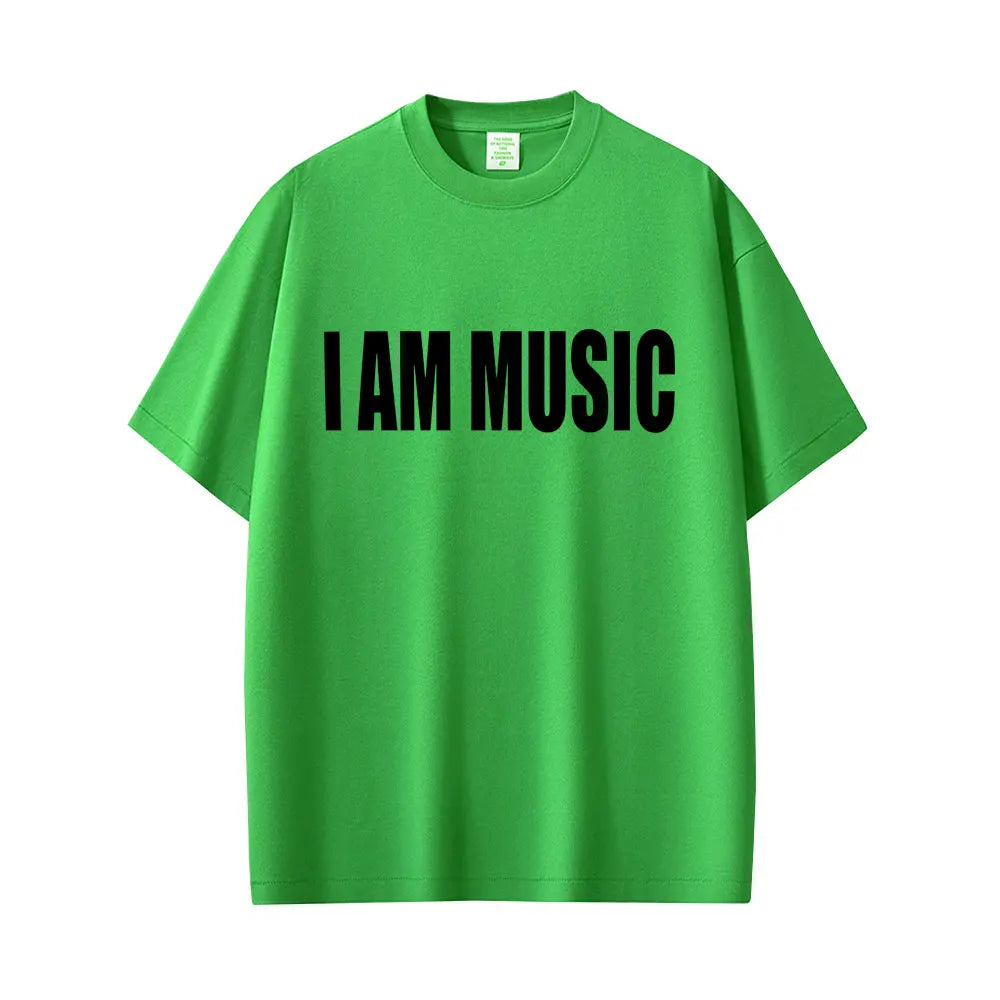 Bright green short-sleeved t-shirt featuring bold black i am music text for men fashion rap opium merch by rapper playboi carti