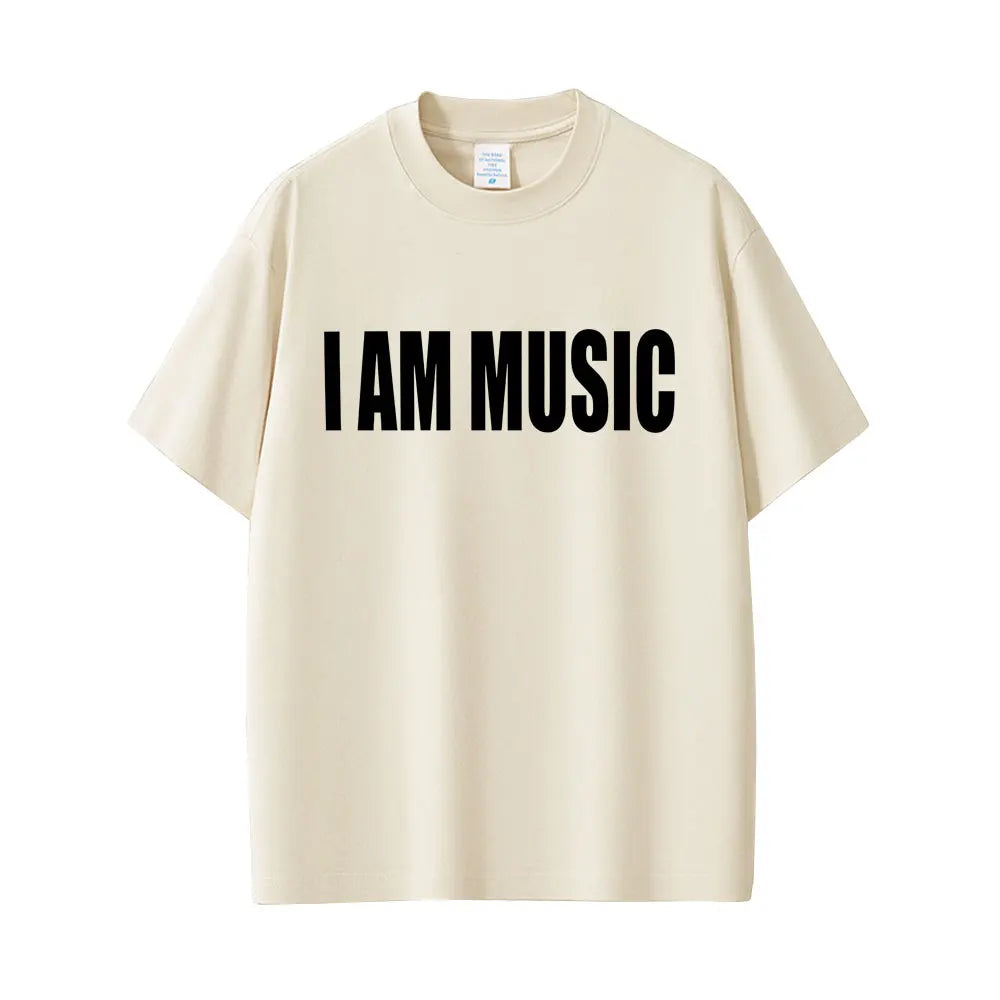 Cream-colored cotton t-shirt featuring bold black i am music text for men fashion rap and rapper playboi carti rap opium merch
