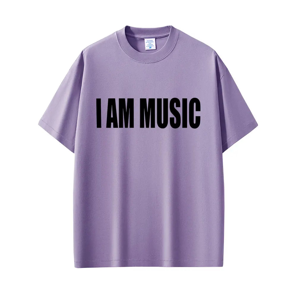 Lavender short-sleeved rapper playboi carti t-shirt with bold black i am music graphic rap opium merch men fashion rap
