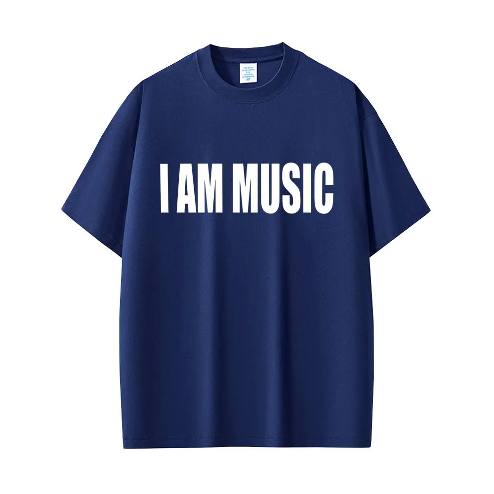 Navy blue cotton t-shirt with bold white i am music text featuring rapper playboi carti men fashion rap opium merch style