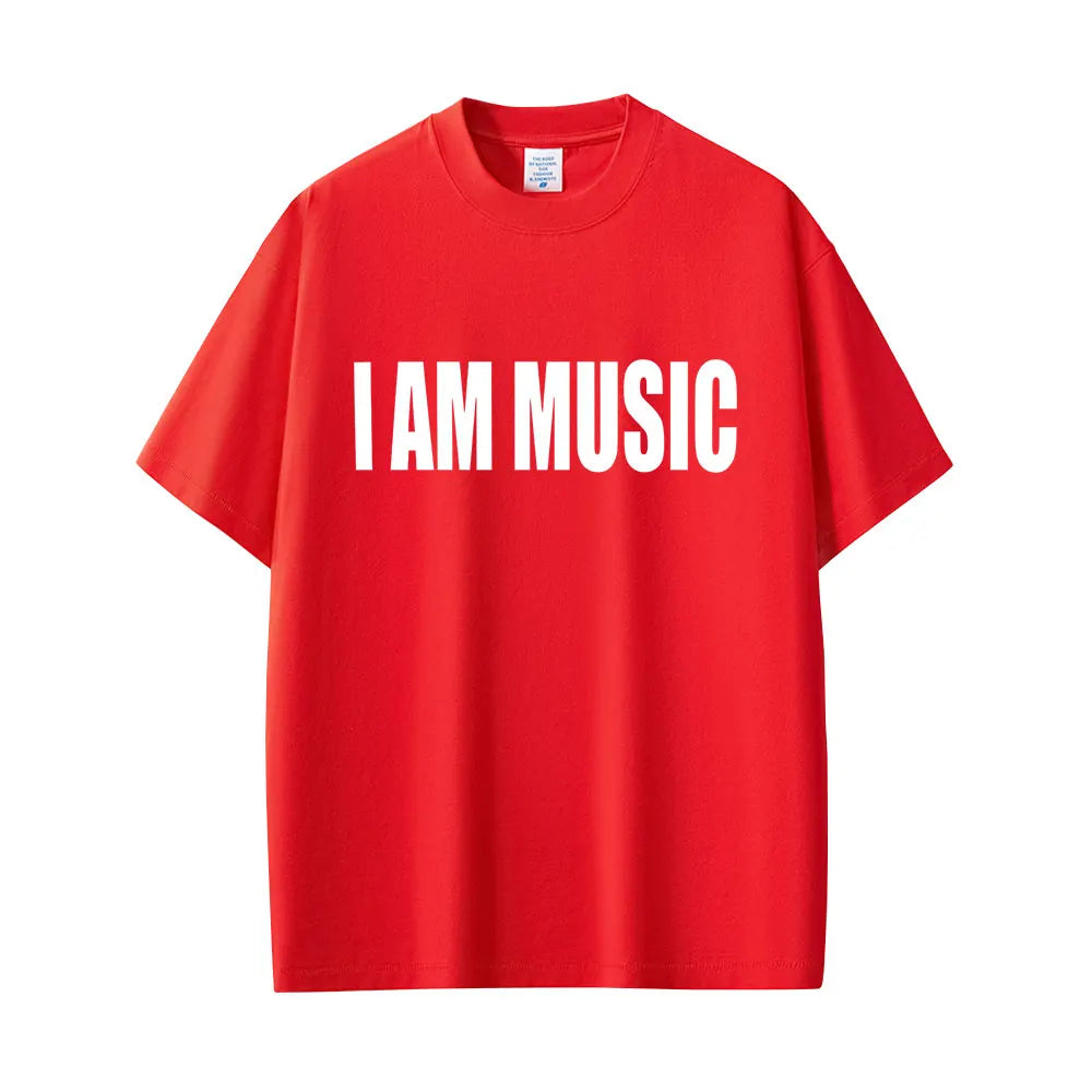 A vibrant red short-sleeved rapper Playboi Carti men fashion rap oversized t-shirt with bold white I AM MUSIC lettering