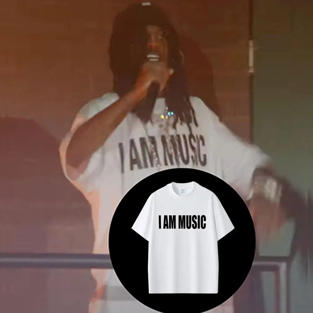 White short-sleeved cotton t-shirt with bold black i am music text for rapper playboi carti men fashion rap opium merch
