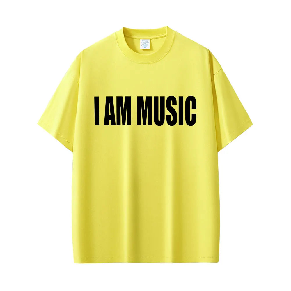 Bright yellow short-sleeved rapper playboi carti men fashion rap t-shirt with bold black i am music text rap opium merch