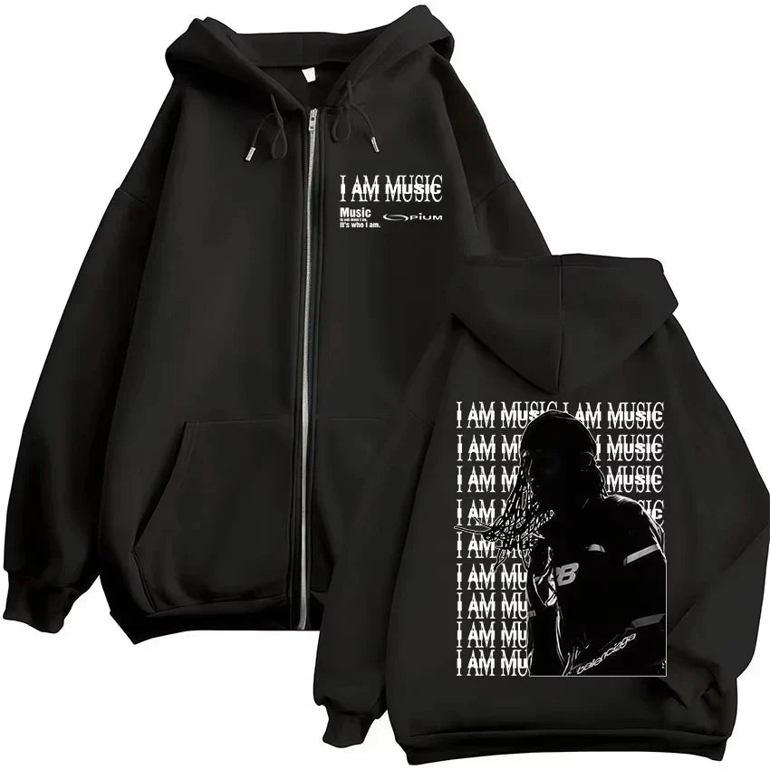 Black zip-up hoodie with white i am music text and graphic print on back featuring rapper playboi carti opium ken carson hip hop pullovers