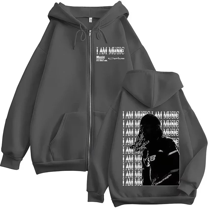 Dark gray zip-up hoodie with bold white rapper playboi carti graphic i am music text by opium ken carson hip hop pullovers