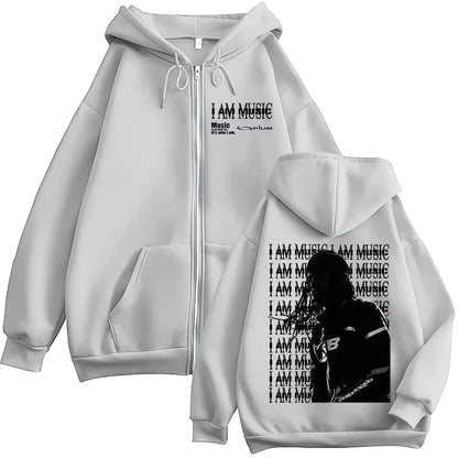 White zip-up hoodie featuring i am music text and black silhouette on back for rapper playboi carti hip hop pullovers