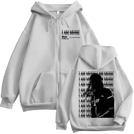 White zip-up hoodie featuring i am music text and black silhouette on back for rapper playboi carti hip hop pullovers