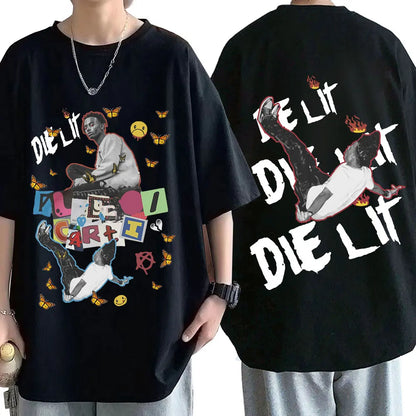 Black oversized rapper playboi carti t-shirt with vibrant die lit graphic music album print for aesthetic hip hop streetwear