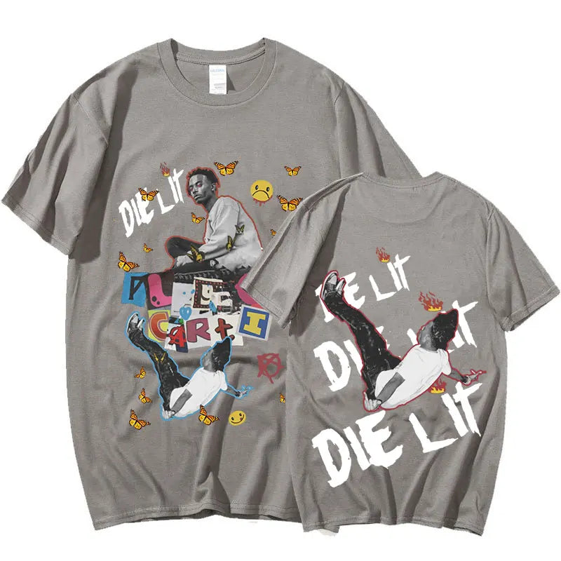 Gray cotton rapper playboi carti t-shirt with vibrant graphic music album print die lit and aesthetic hip hop design
