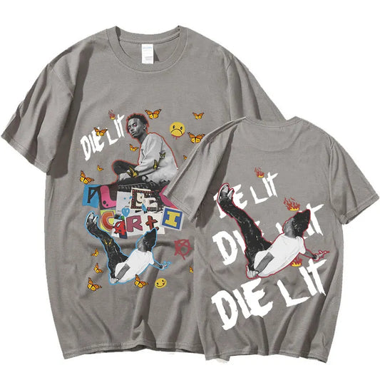 Gray cotton rapper playboi carti t-shirt with vibrant graphic music album print die lit and aesthetic hip hop design