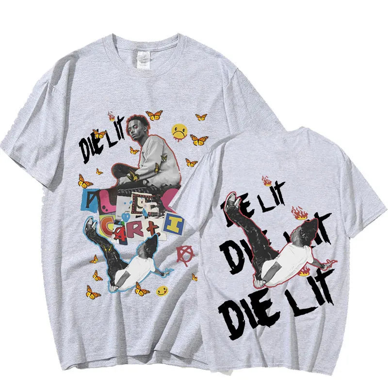 Gray cotton rapper playboi carti t-shirt with die lit graphic music album print featuring aesthetic hip hop designs