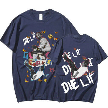 Navy blue cotton rapper playboi carti t-shirt with graphic music album die lit print in aesthetic hip hop style