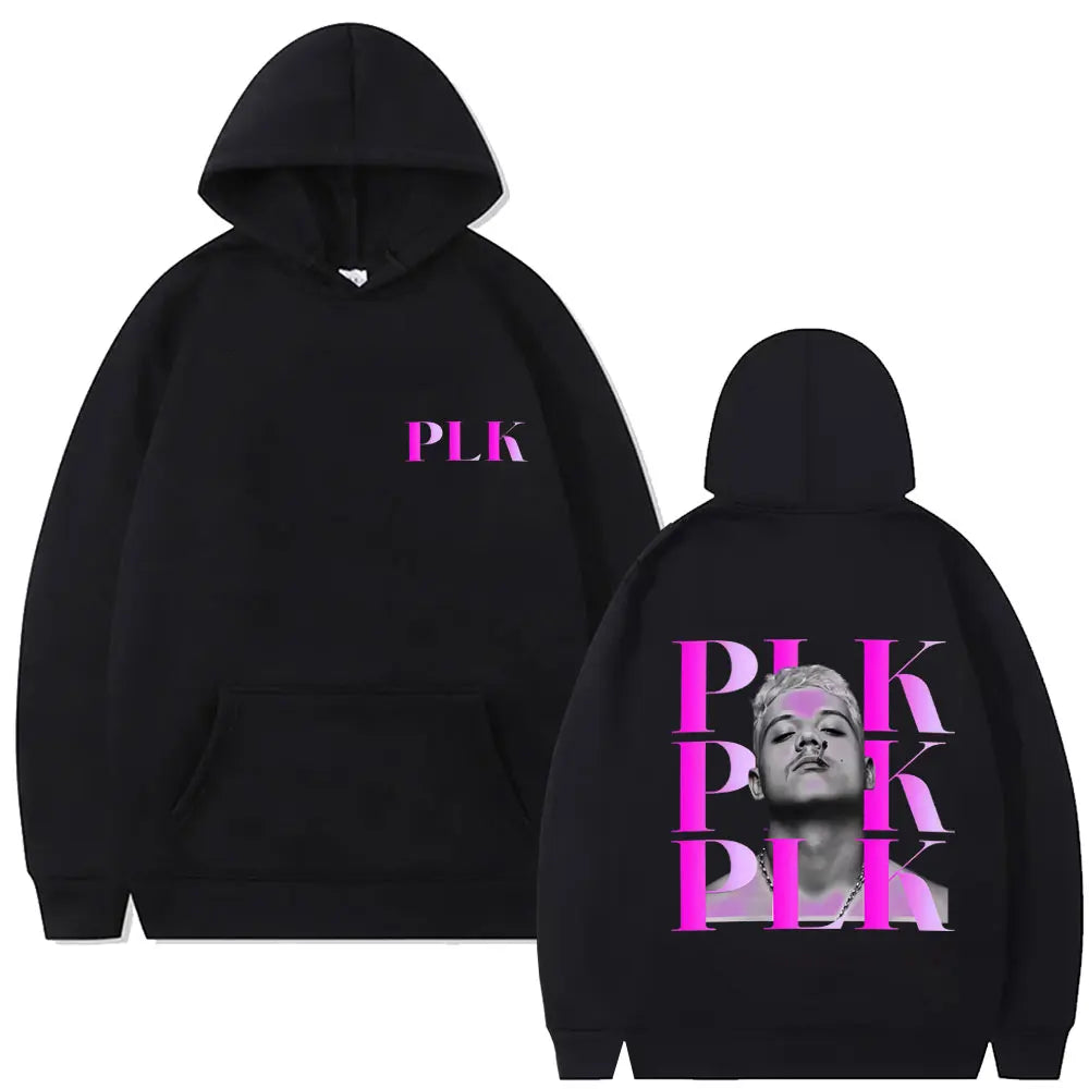 Black hoodie featuring vibrant pink rapper plk face graphic on the back and matching fashion pop music lettering front man casual pullover