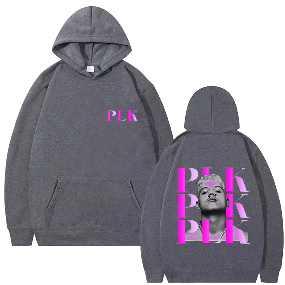 Dark gray rapper plk face graphic hoodie with vibrant pink design on back and matching text on front for man casual pullover
