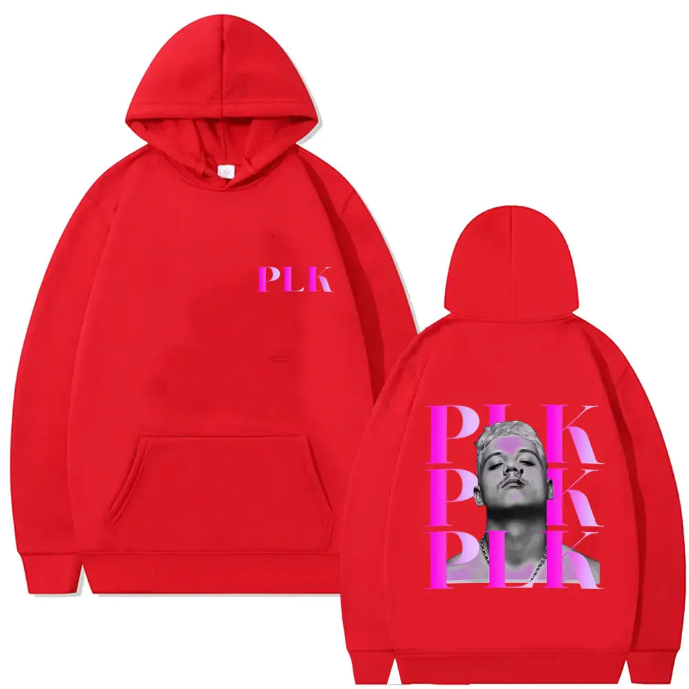Red hooded sweatshirt with bold pink rapper plk face graphic on back and matching text on front for man casual pullover fashion pop music