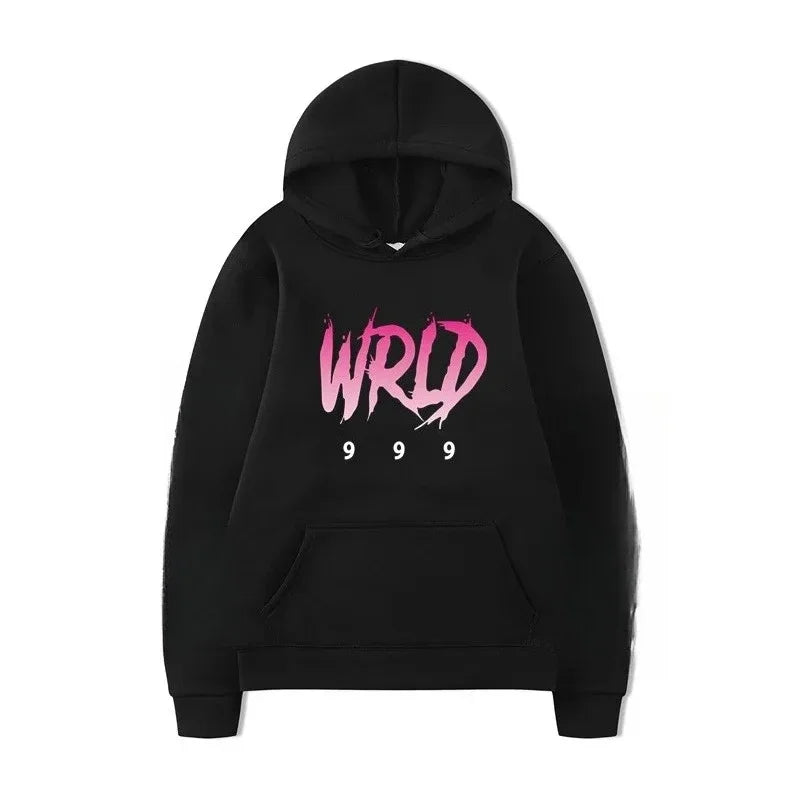 Black hoodie with bold pink and white wrld 999 graphic suitable for rapper plk face pop music tracksuit and man casual pullover
