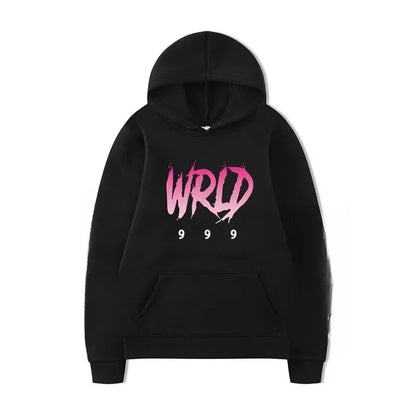 Black hoodie with bold pink and white wrld 999 graphic suitable for rapper plk face pop music tracksuit and man casual pullover