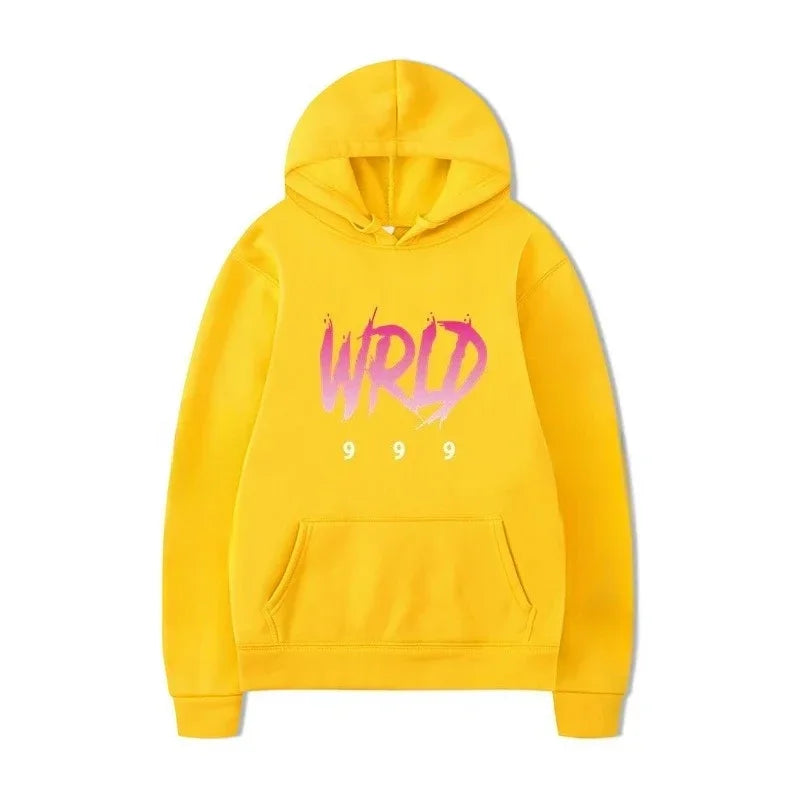 Bright yellow rapper plk face hoodie with bold wrld 999 graphic in gradient pink for man casual pullover style