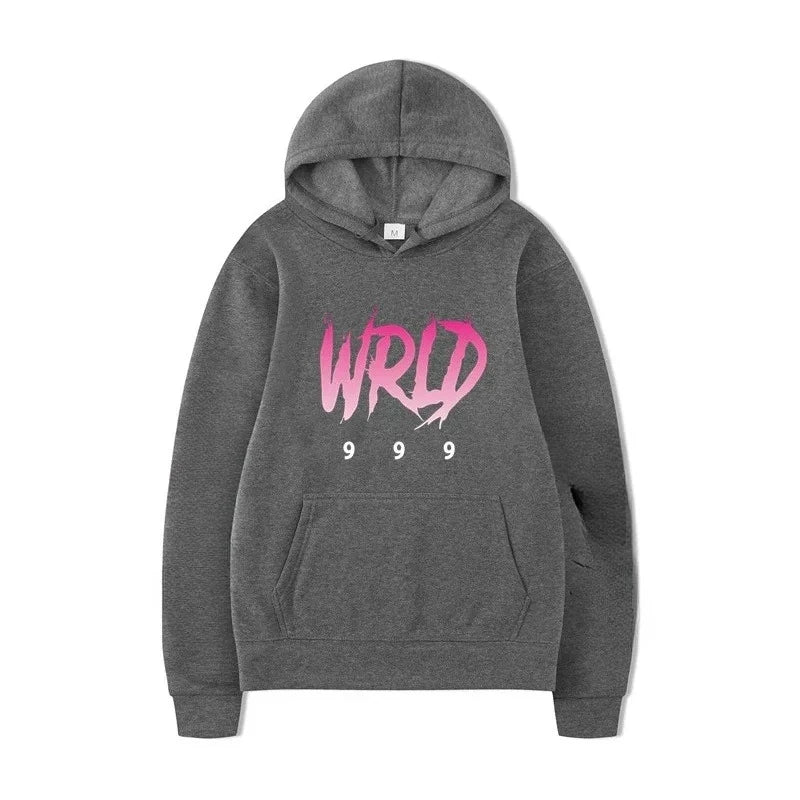 Gray heathered rapper plk face graphic hoodie with vibrant pink and white wrld 999 print for man casual pullover use