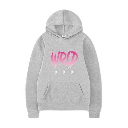Gray hoodie with pink gradient wrld 999 graphic designed for rapper plk face pop music tracksuit and man casual pullover use