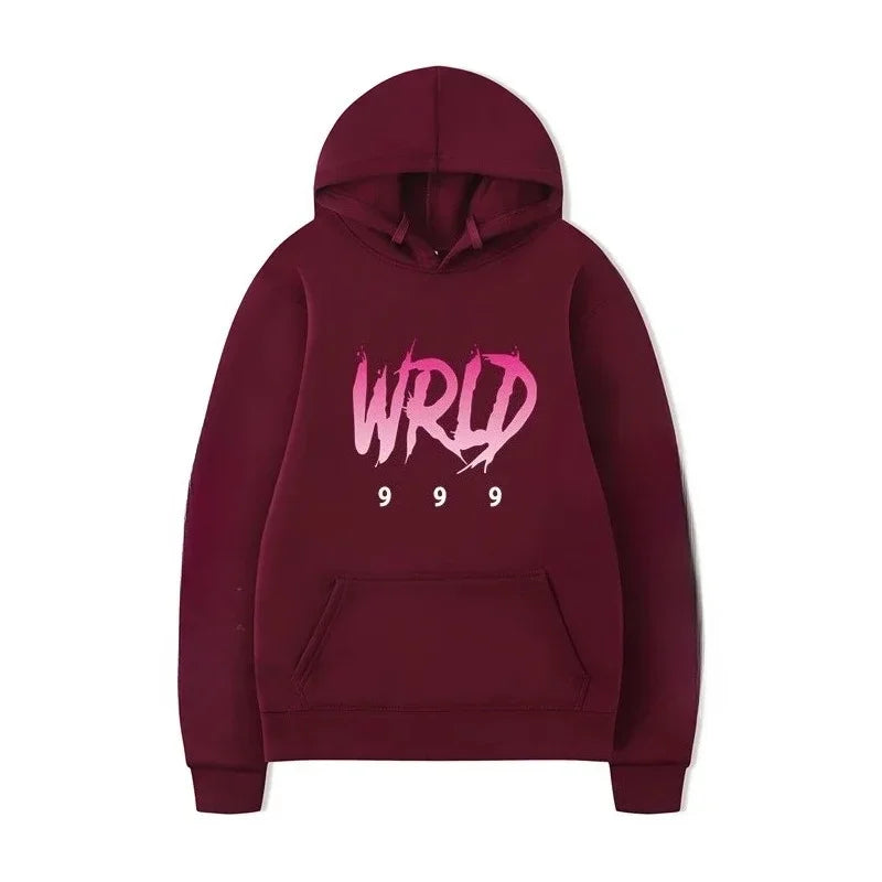 Maroon rapper plk face graphic hoodie with pink and white wrld 999 print for man casual pullover and pop music tracksuit