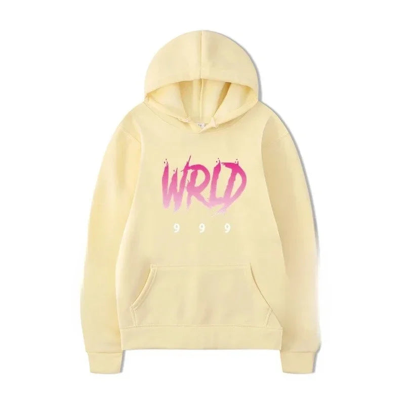 A pale yellow rapper plk face casual pullover hoodie with bold pink white wrld 999 graphic for pop music tracksuit style